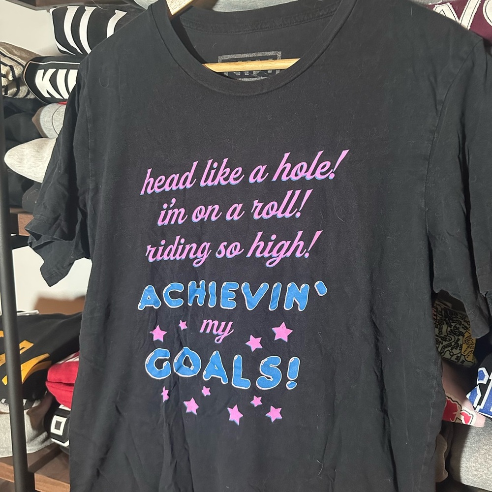 Black Graphic T-Shirt with Pink and Blue Text
